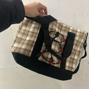 Fashion Nova Plaid Canvas Crossbody Tote Bag with Black Trim